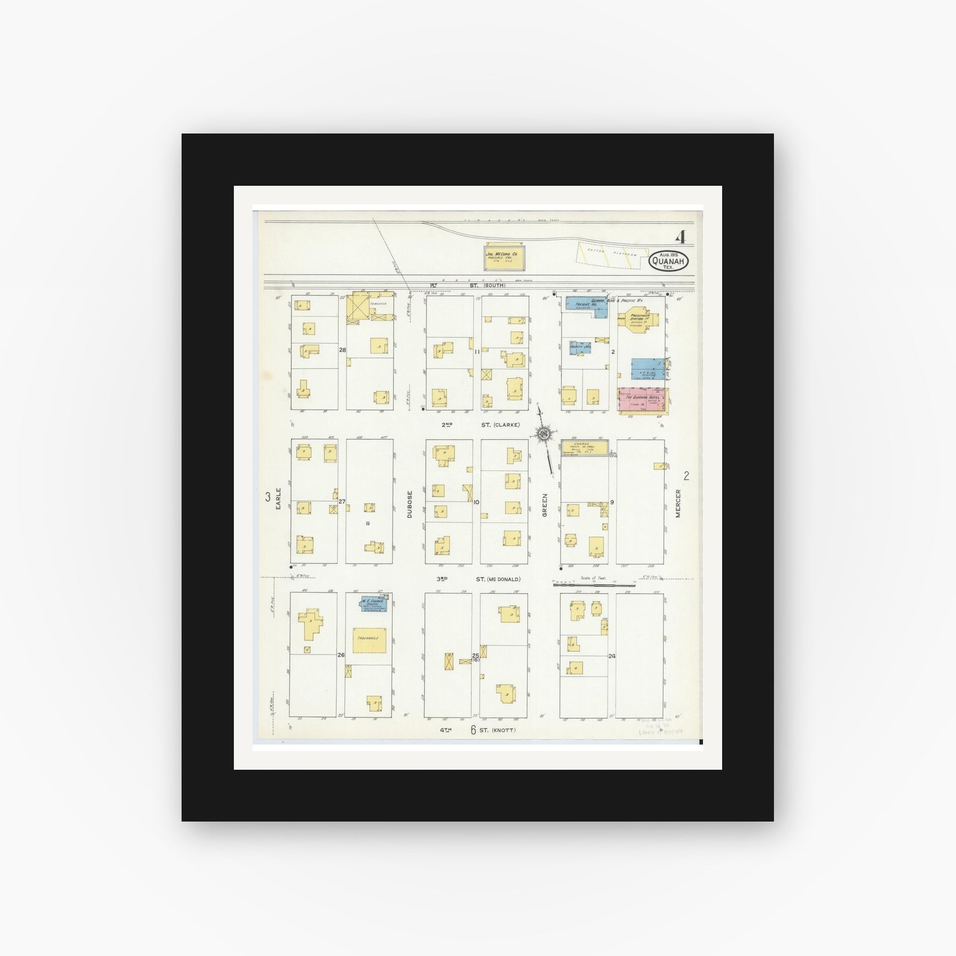 Old map wall art mockup — black gallery frame with white mat — Sanborn Fire Insurance Map from Quanah, Hardeman County, Texas (1915), Sheet #0004
