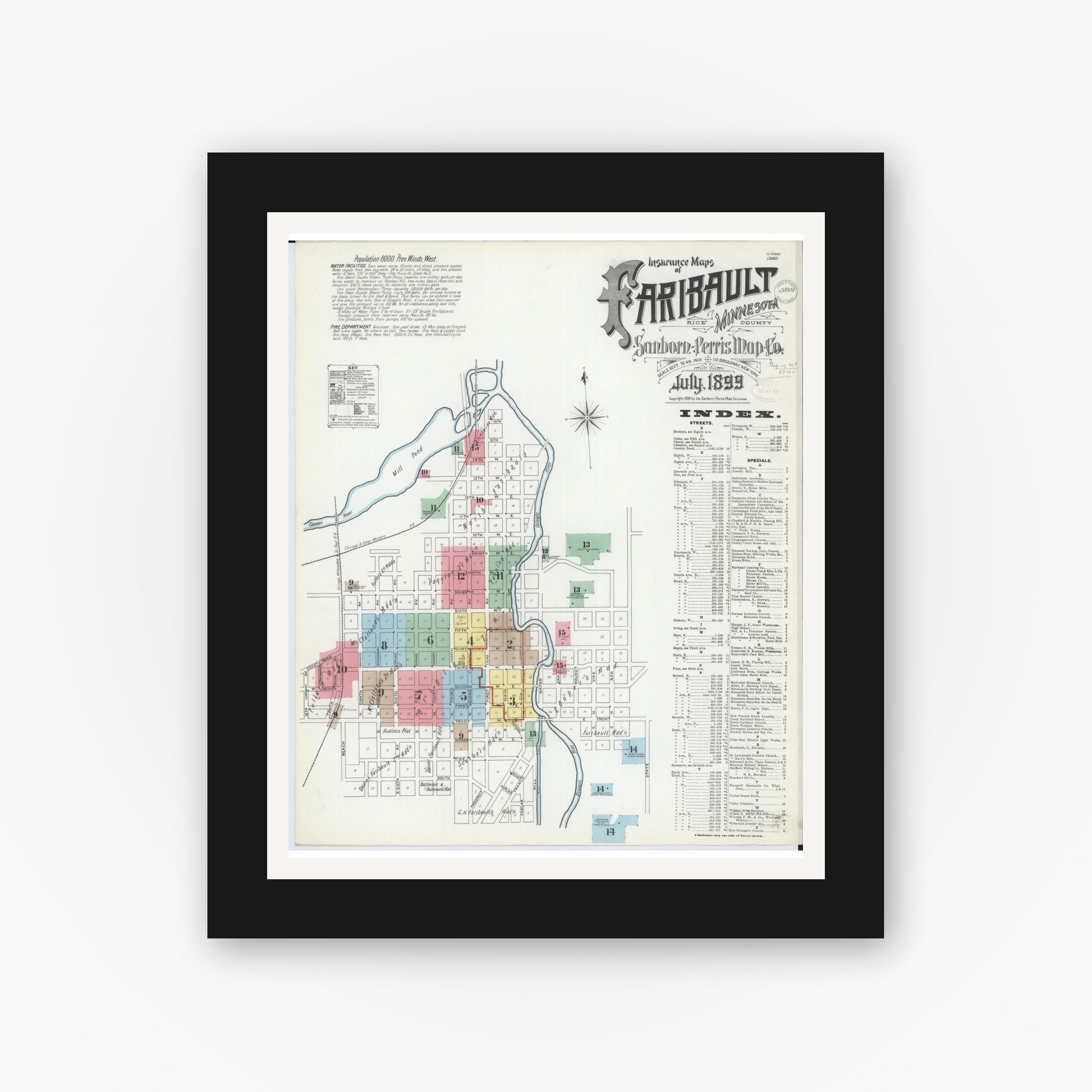 Old map wall art mockup — black gallery frame with white mat — Sanborn Fire Insurance Map from Faribault, Rice County, Minnesota (1899) - Complete Map Set