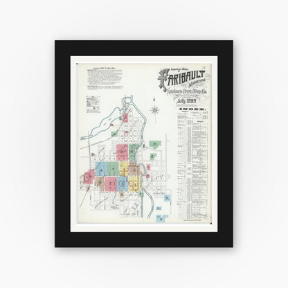 Old map wall art mockup — black gallery frame with white mat — Sanborn Fire Insurance Map from Faribault, Rice County, Minnesota (1899) - Complete Map Set