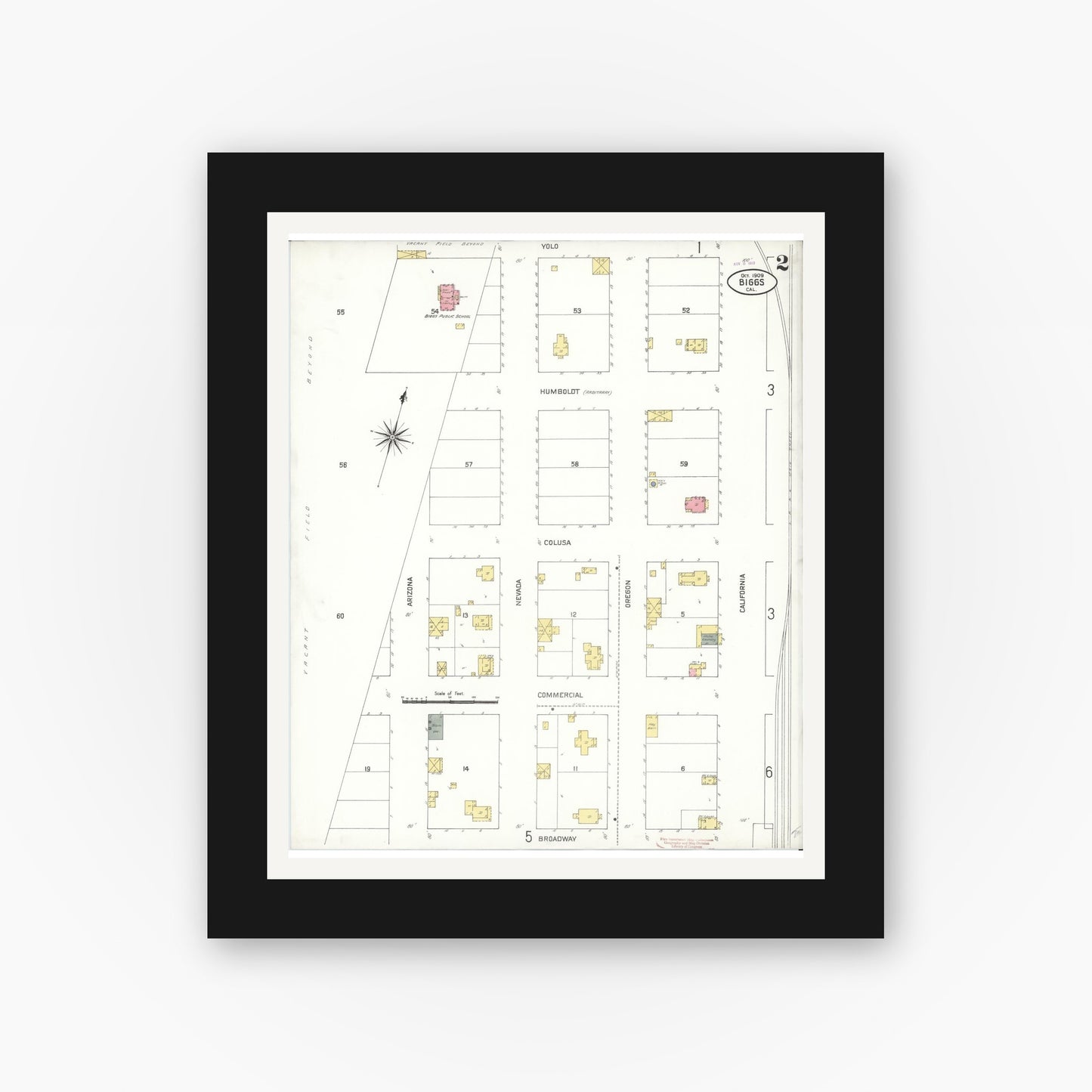 Old map wall art mockup — black gallery frame with white mat — Sanborn Fire Insurance Map from Biggs, Butte County, California (1909), Sheet #0002