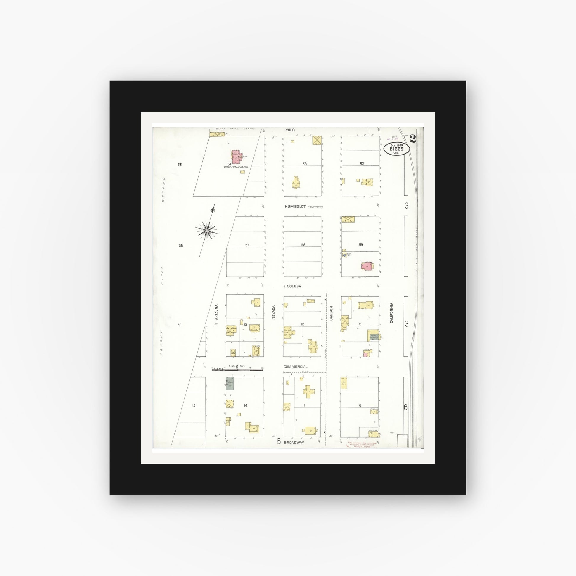 Old map wall art mockup — black gallery frame with white mat — Sanborn Fire Insurance Map from Biggs, Butte County, California (1909), Sheet #0002