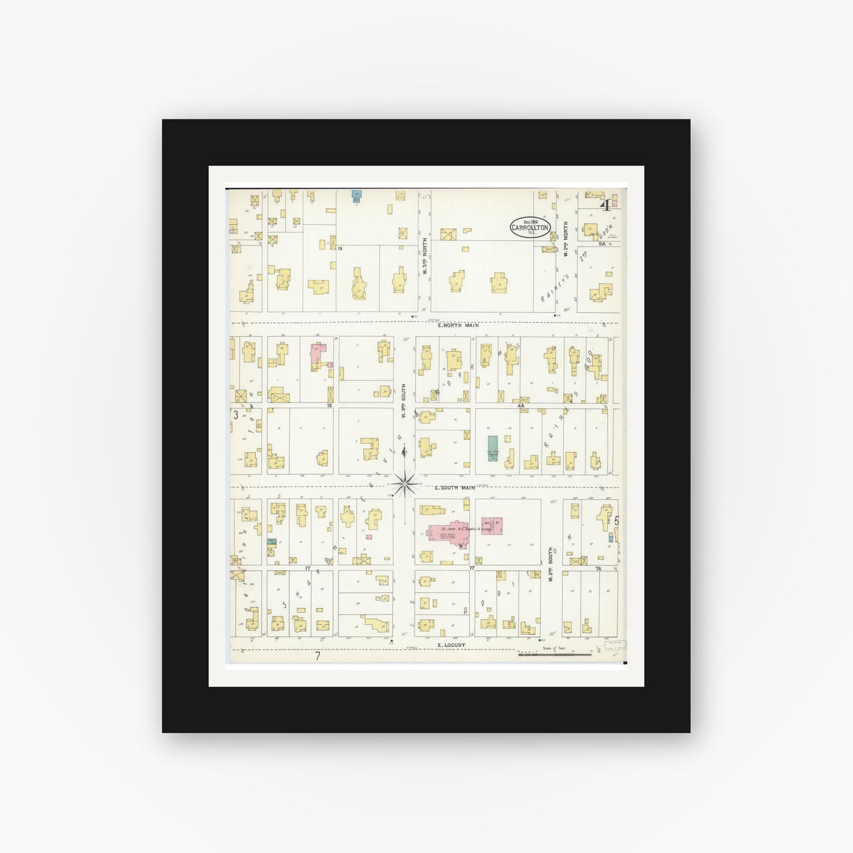 Old map wall art mockup — black gallery frame with white mat — Sanborn Fire Insurance Map from Carrollton, Greene County, Illinois (1906), Sheet #0004