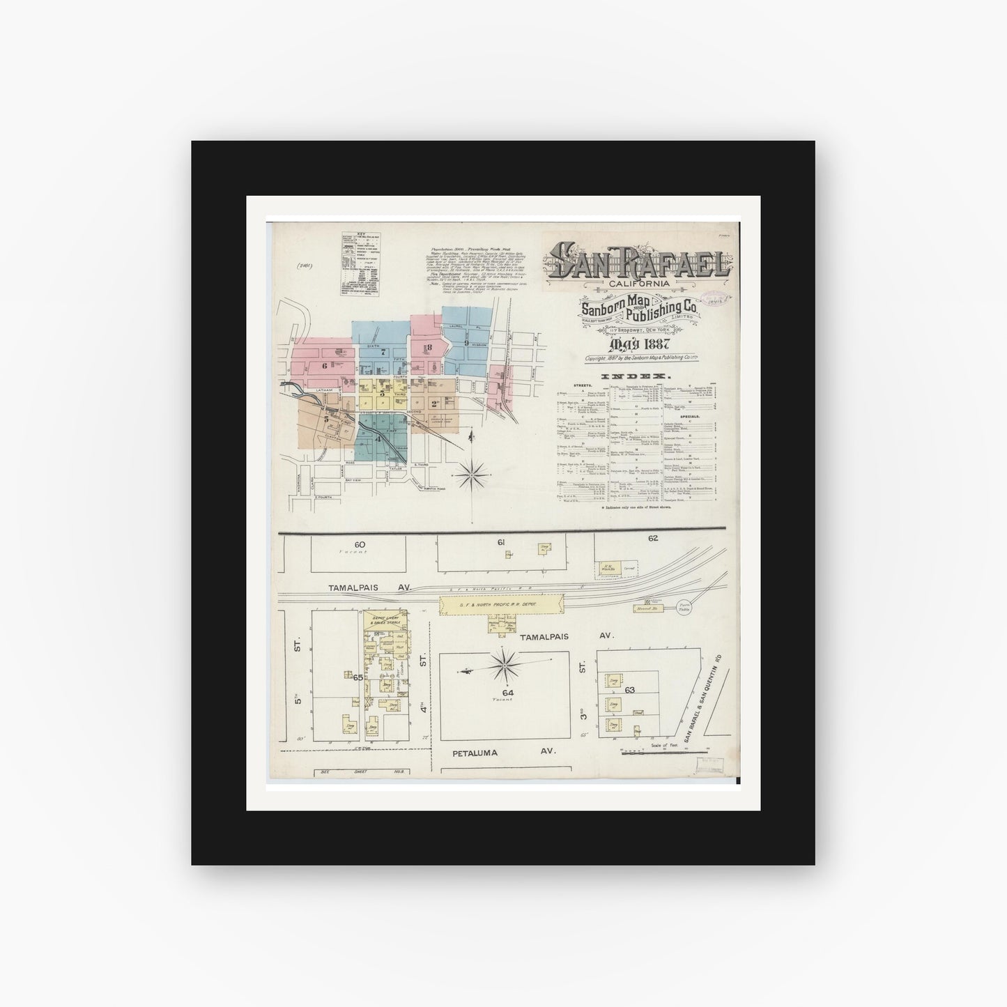 Old map wall art mockup — black gallery frame with white mat — Sanborn Fire Insurance Map from San Rafael, Marin County, California (1887) - Complete Map Set