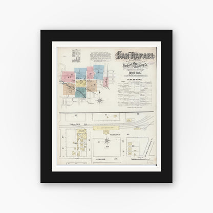 Old map wall art mockup — black gallery frame with white mat — Sanborn Fire Insurance Map from San Rafael, Marin County, California (1887) - Complete Map Set