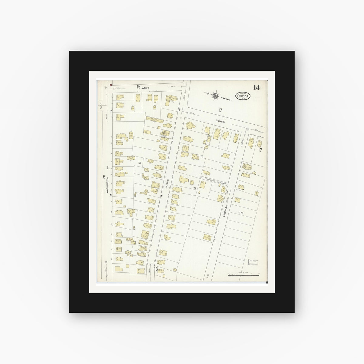 Old map wall art mockup — black gallery frame with white mat — Sanborn Fire Insurance Map from Oneida, Madison County, New York (1914), Sheet #0014