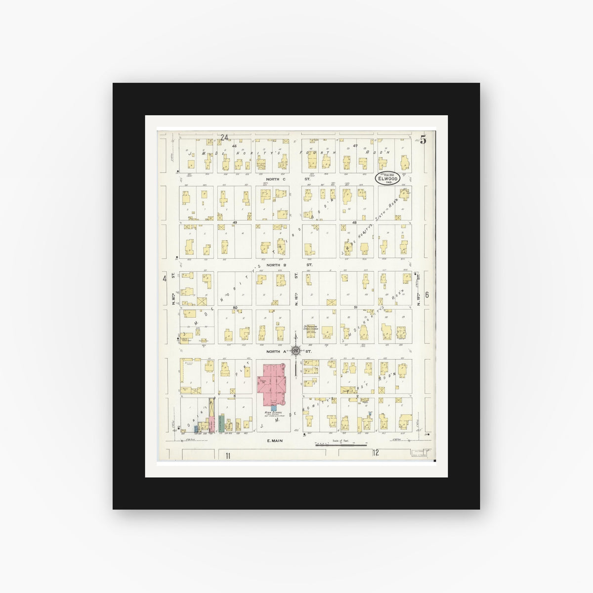 Old map wall art mockup — black gallery frame with white mat — Sanborn Fire Insurance Map from Elwood, Madison County, Indiana (1910), Sheet #0005