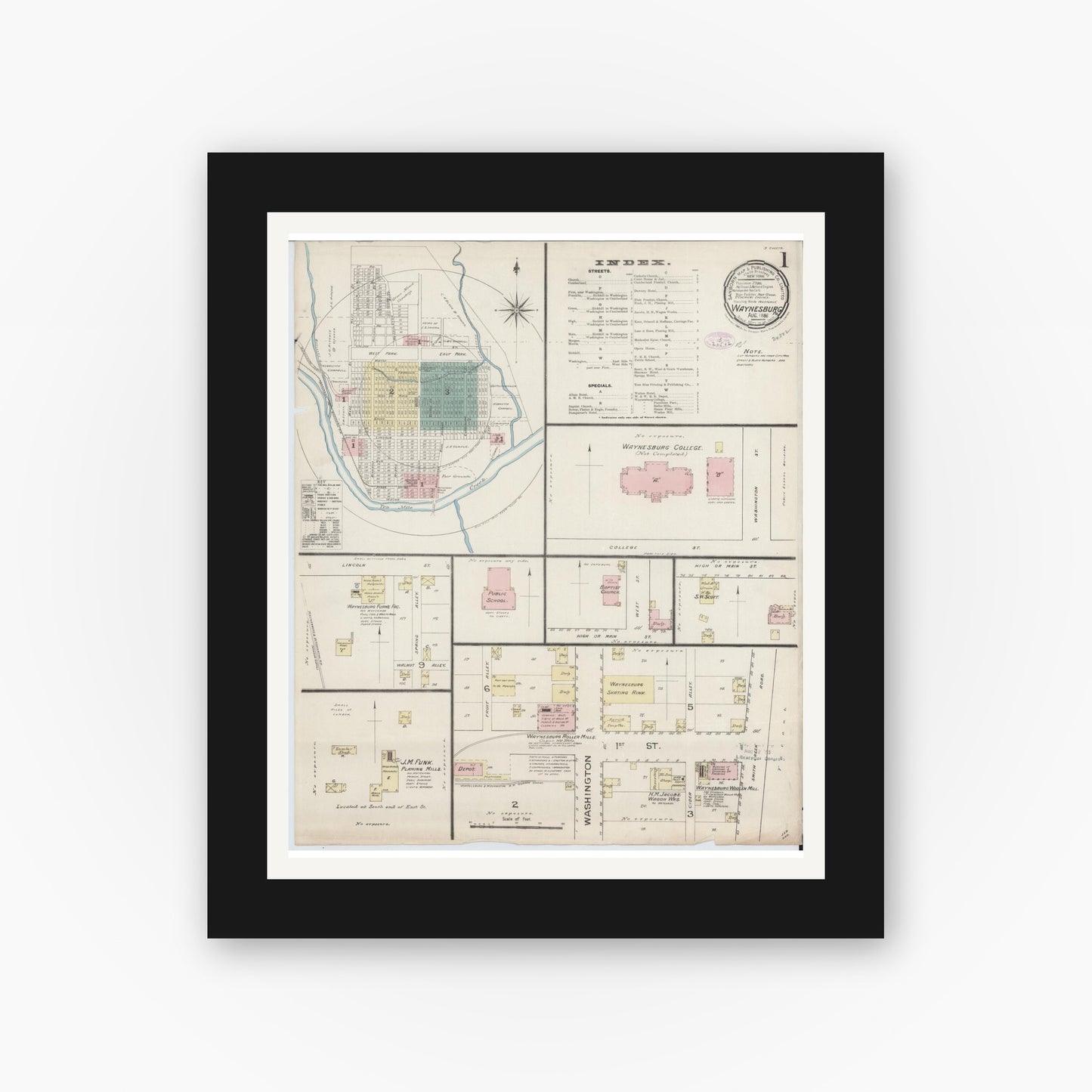 Old map wall art mockup — black gallery frame with white mat — Sanborn Fire Insurance Map from Waynesburg, Greene County, Pennsylvania (1886) - Complete Map Set