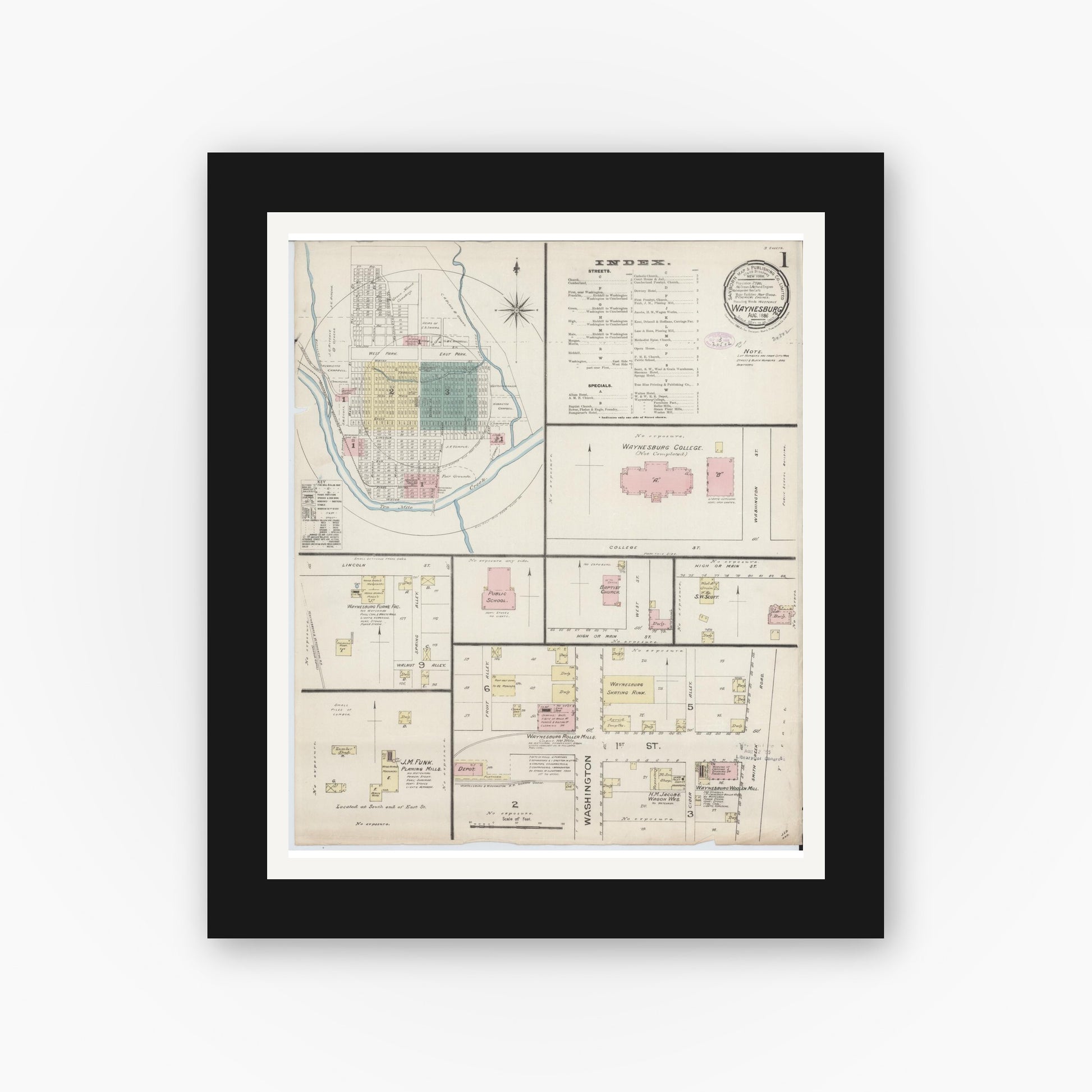 Old map wall art mockup — black gallery frame with white mat — Sanborn Fire Insurance Map from Waynesburg, Greene County, Pennsylvania (1886) - Complete Map Set