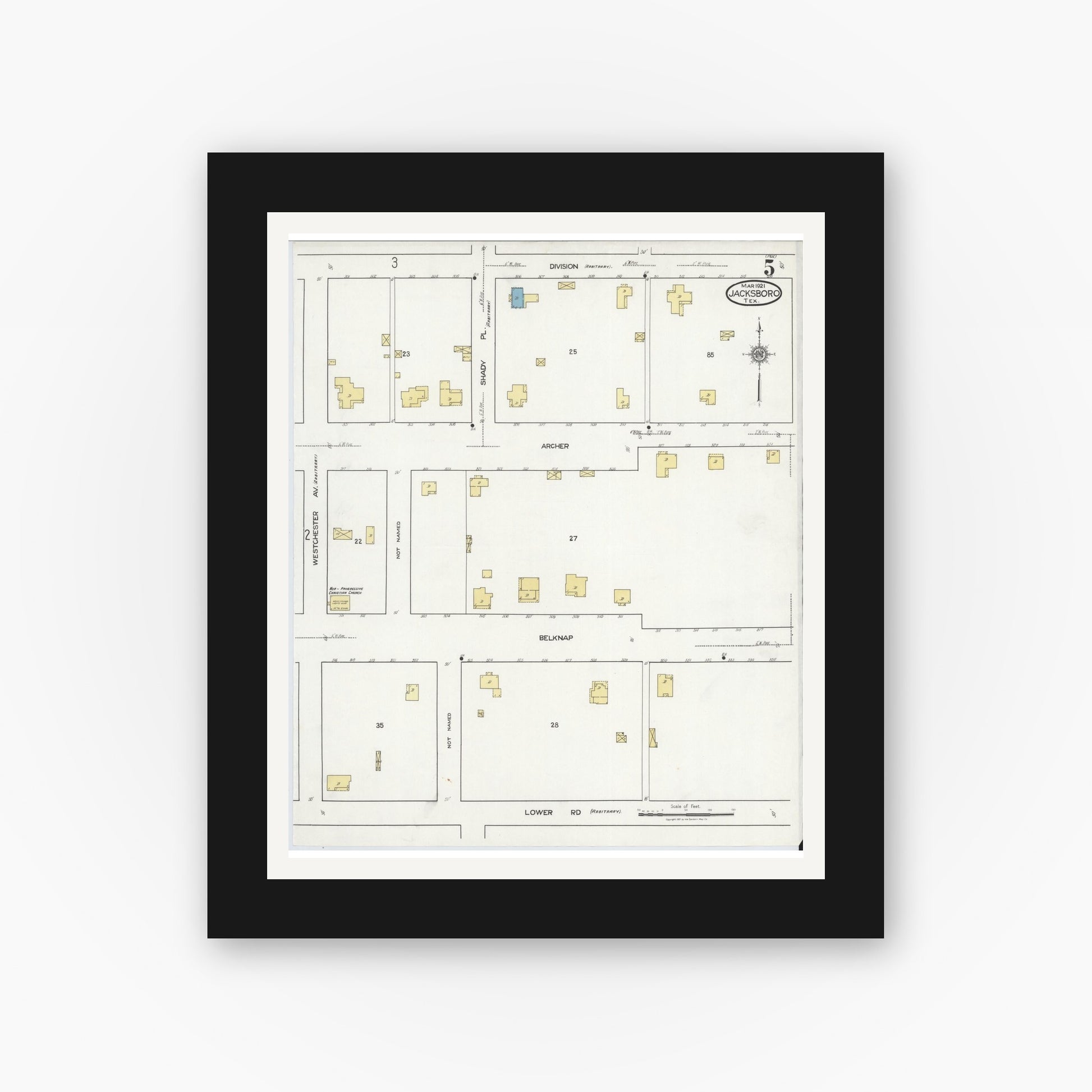 Old map wall art mockup — black gallery frame with white mat — Sanborn Fire Insurance Map from Jacksboro, Jack County, Texas (1921), Sheet #0005