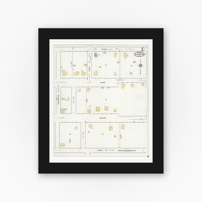 Old map wall art mockup — black gallery frame with white mat — Sanborn Fire Insurance Map from Jacksboro, Jack County, Texas (1921), Sheet #0005