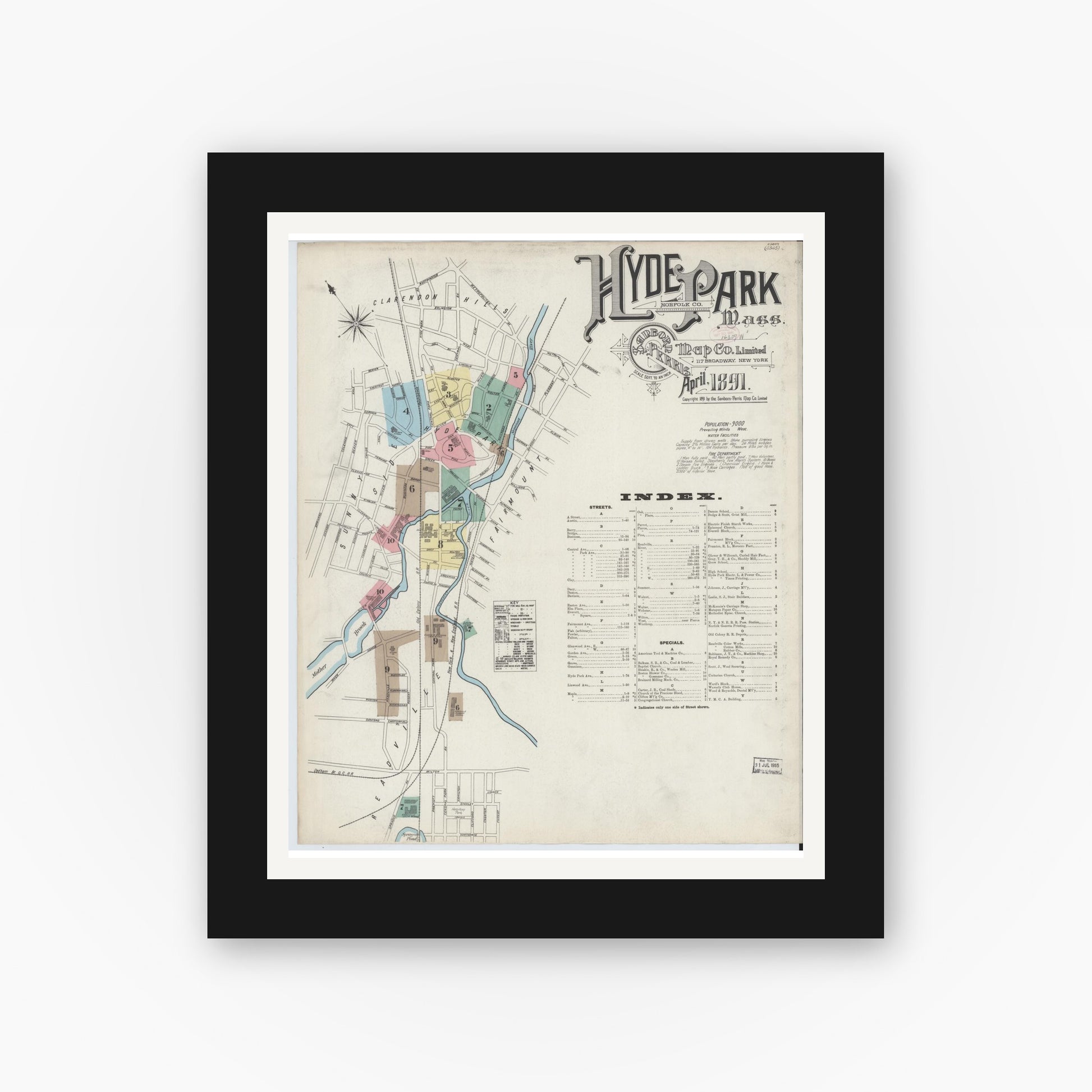 Old map wall art mockup — black gallery frame with white mat — Sanborn Fire Insurance Map from Hyde Park, Norfolk County, Massachusetts (1891) - Complete Map Set