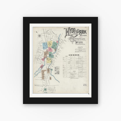 Old map wall art mockup — black gallery frame with white mat — Sanborn Fire Insurance Map from Hyde Park, Norfolk County, Massachusetts (1891) - Complete Map Set