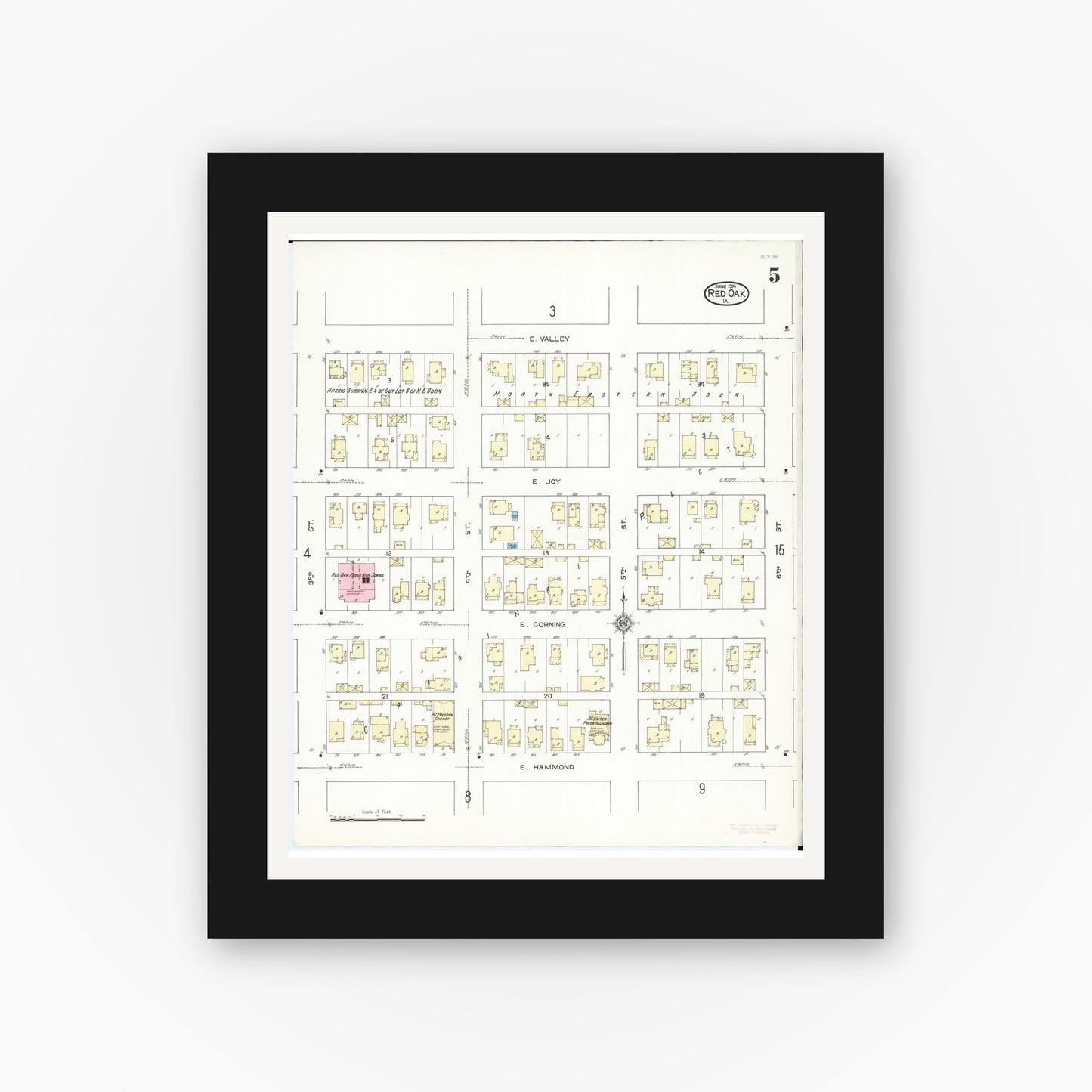 Old map wall art mockup — black gallery frame with white mat — Sanborn Fire Insurance Map from Red Oak, Montgomery County, Iowa (1914), Sheet #0005
