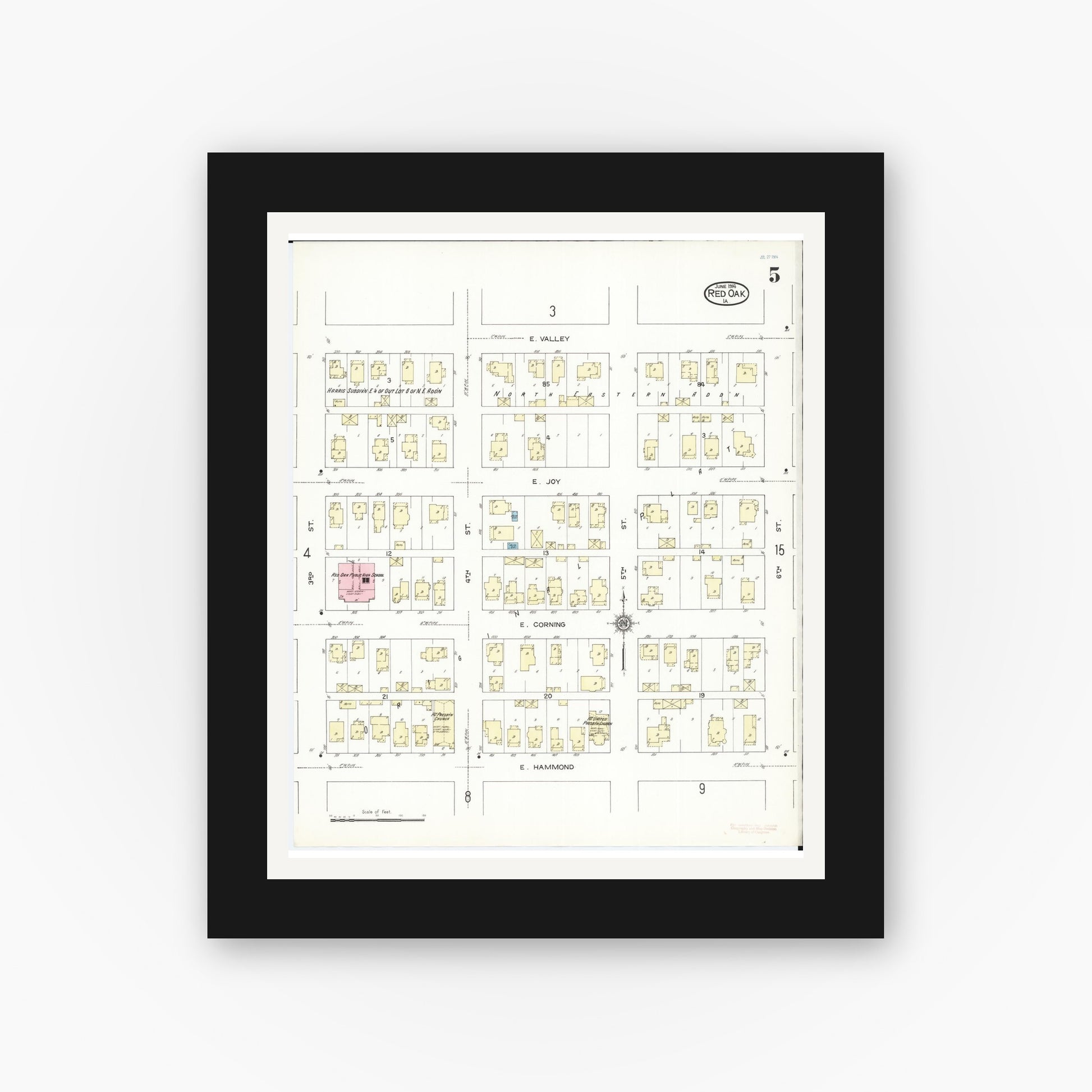 Old map wall art mockup — black gallery frame with white mat — Sanborn Fire Insurance Map from Red Oak, Montgomery County, Iowa (1914), Sheet #0005