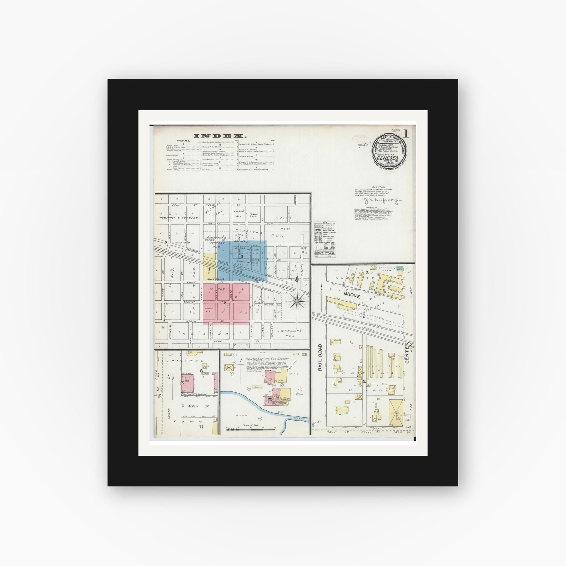 Old map wall art mockup — black gallery frame with white mat — Sanborn Fire Insurance Map from Geneseo, Henry County, Illinois (1892) - Complete Map Set