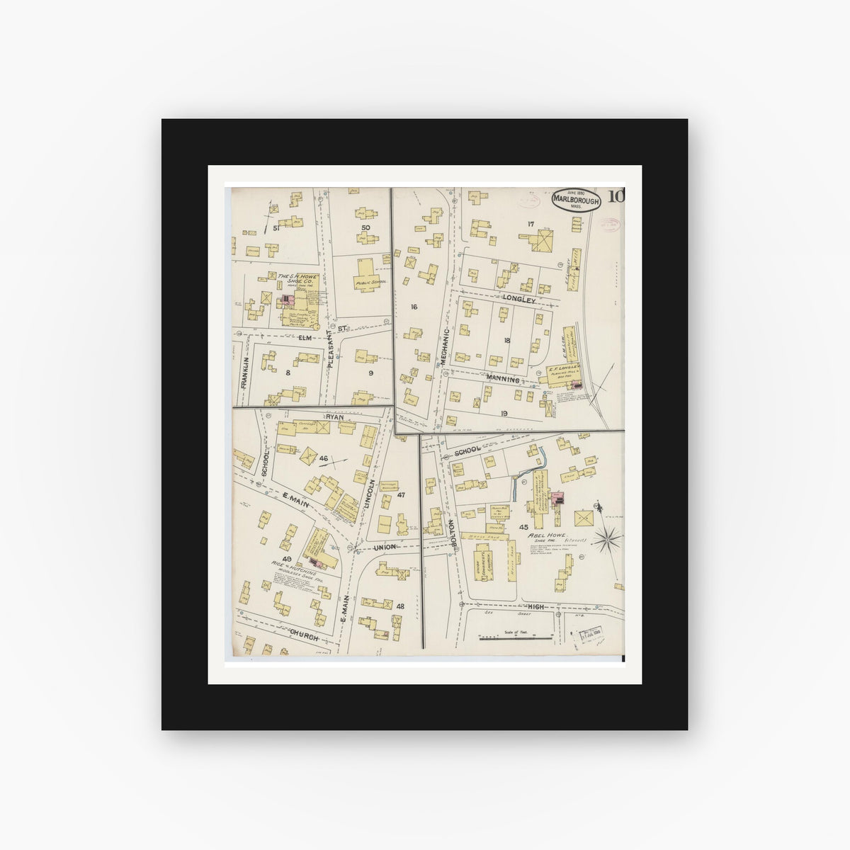 Old map wall art mockup — black gallery frame with white mat — Sanborn Fire Insurance Map from Marlborough, Middlesex County, Massachusetts (1890), Sheet #0010