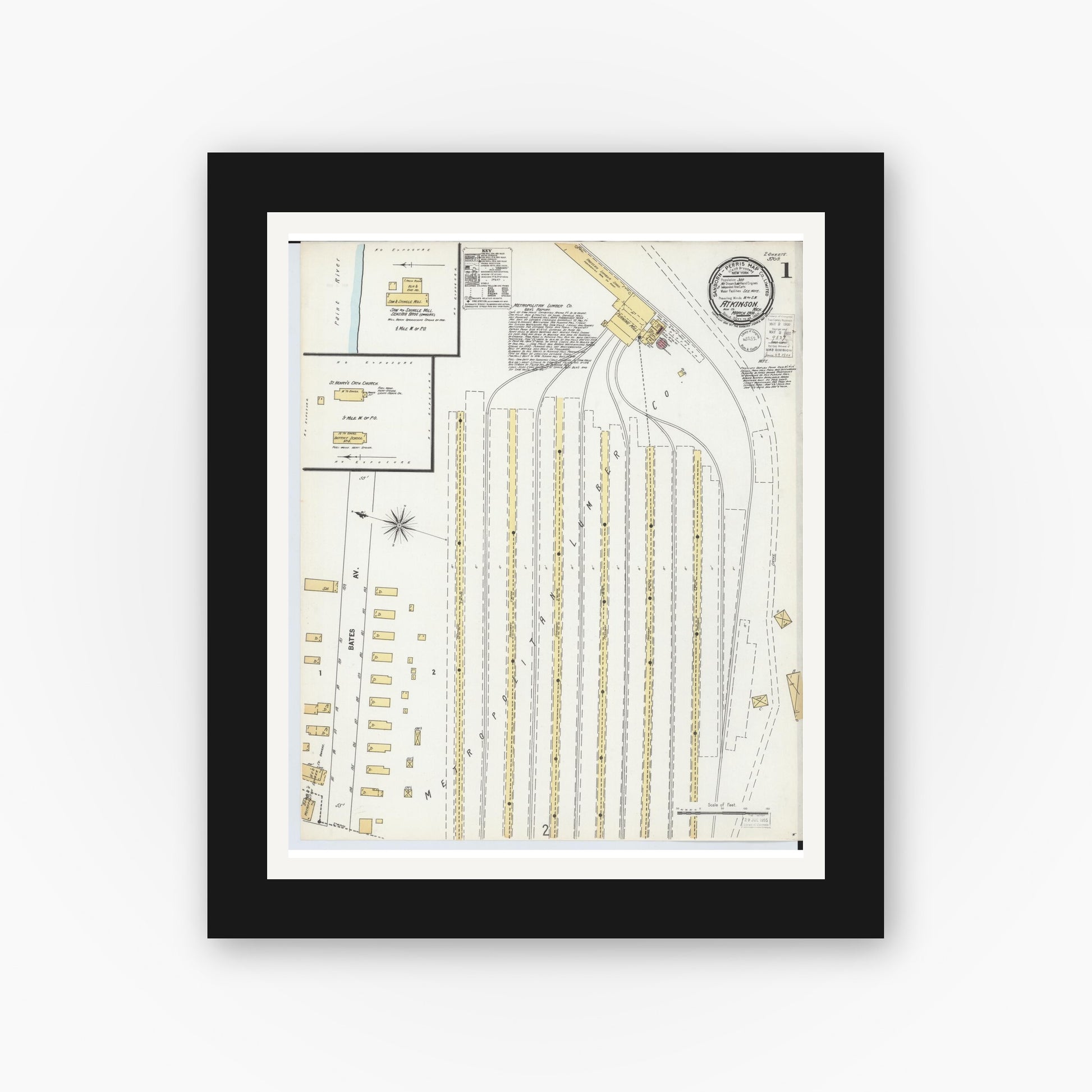 Old map wall art mockup — black gallery frame with white mat — Sanborn Fire Insurance Map from Atkinson, Iron County, Michigan (1900) - Complete Map Set