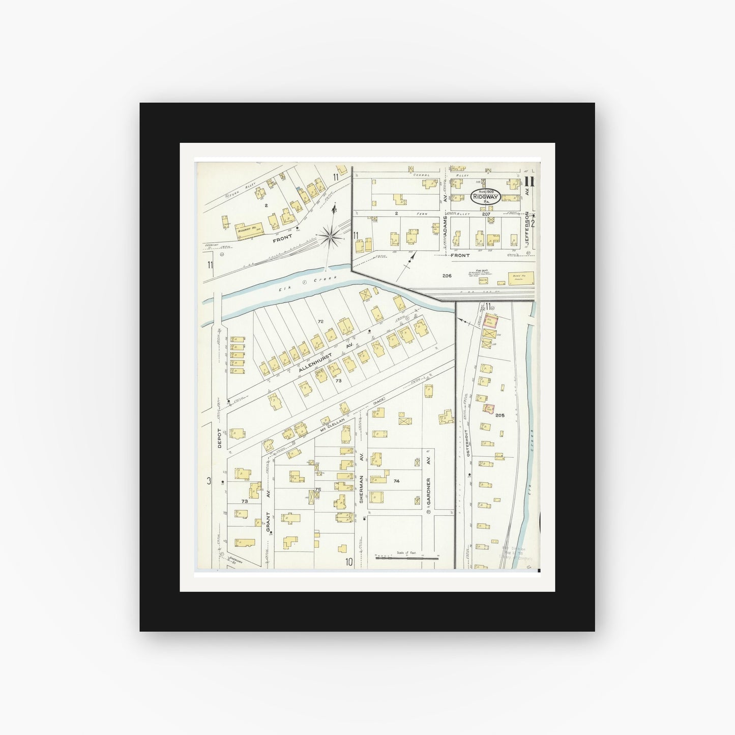 Old map wall art mockup — black gallery frame with white mat — Sanborn Fire Insurance Map from Ridgway, Elk County, Pennsylvania (1909), Sheet #0011