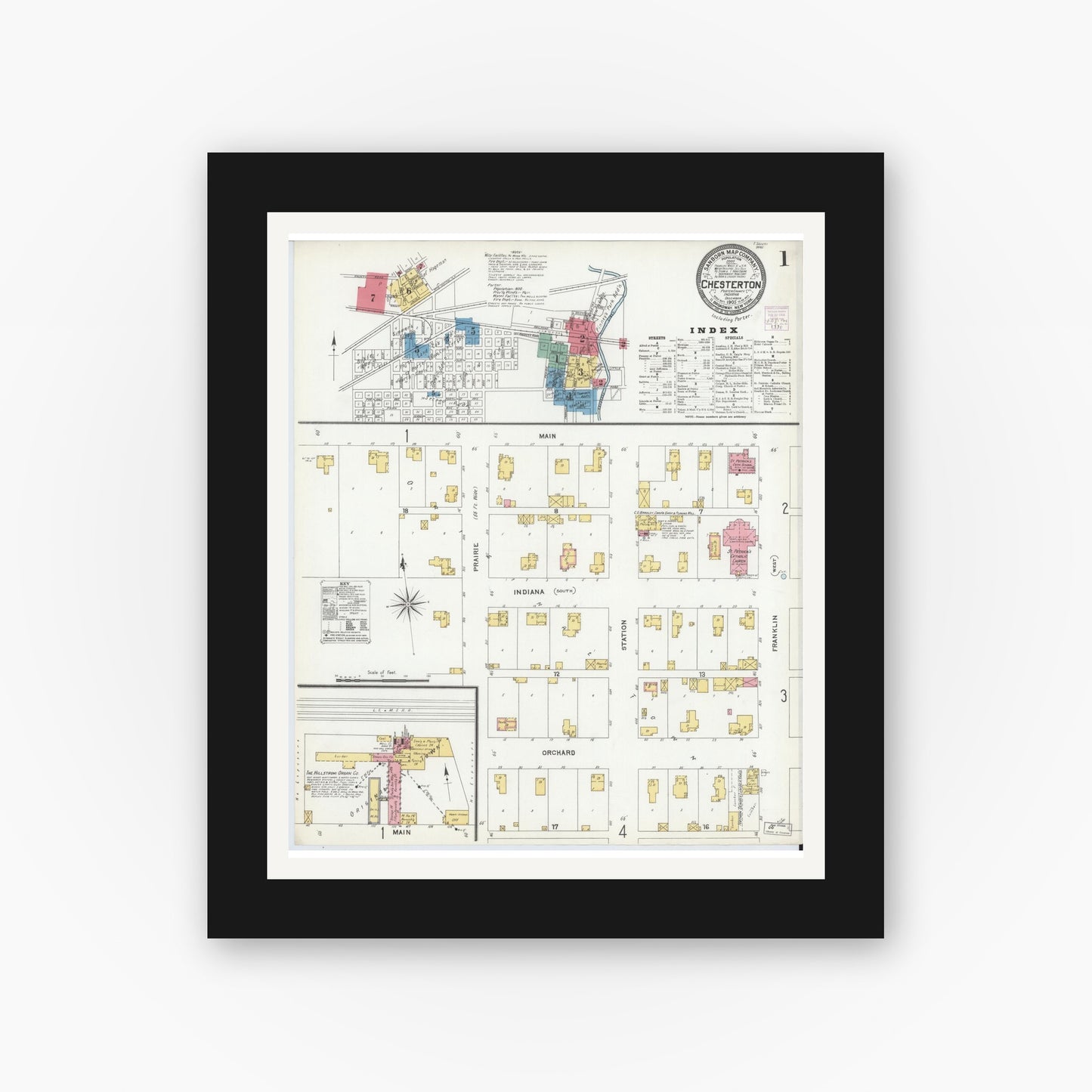 Old map wall art mockup — black gallery frame with white mat — Sanborn Fire Insurance Map from Chesterton, Porter County, Indiana (1905) - Complete Map Set