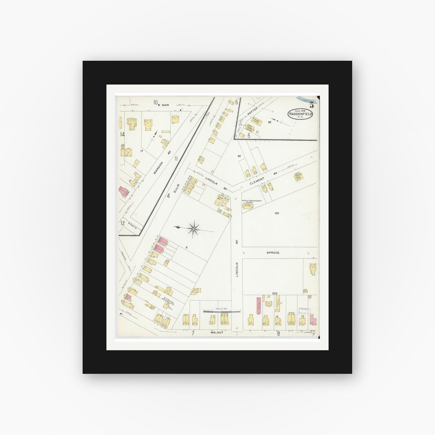 Old map wall art mockup — black gallery frame with white mat — Sanborn Fire Insurance Map from Haddonfield, Camden County, New Jersey (1908), Sheet #0005