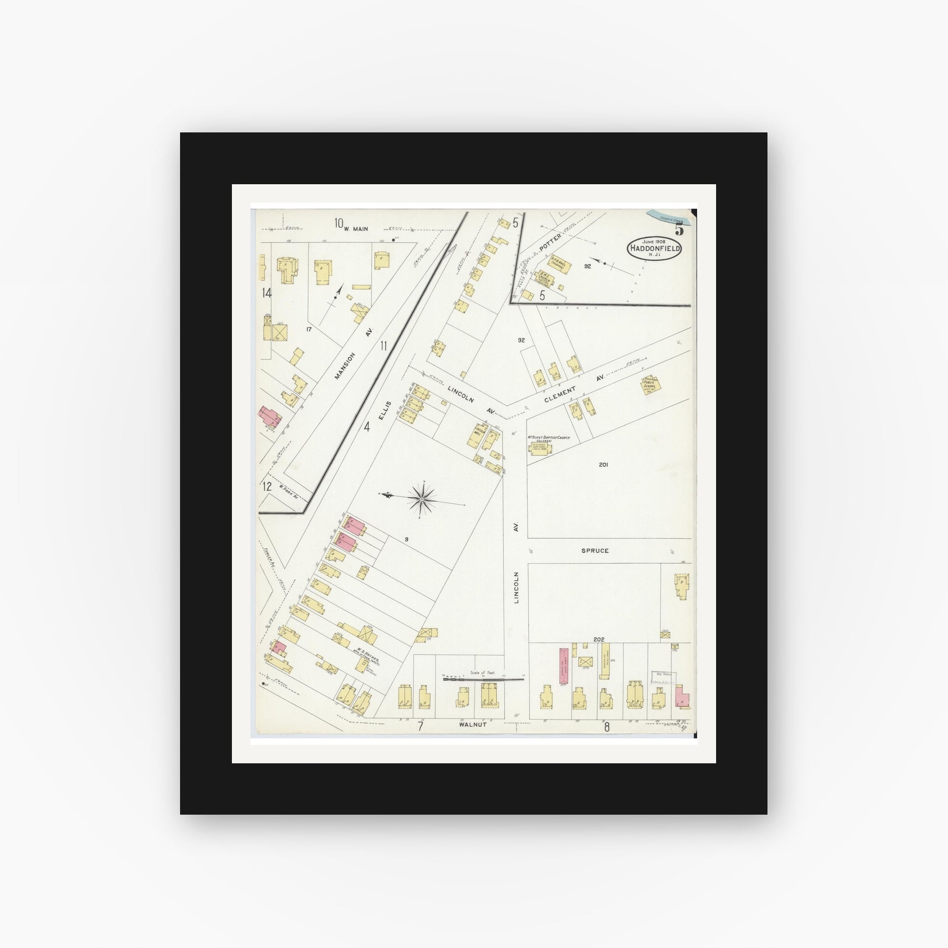 Old map wall art mockup — black gallery frame with white mat — Sanborn Fire Insurance Map from Haddonfield, Camden County, New Jersey (1908), Sheet #0005