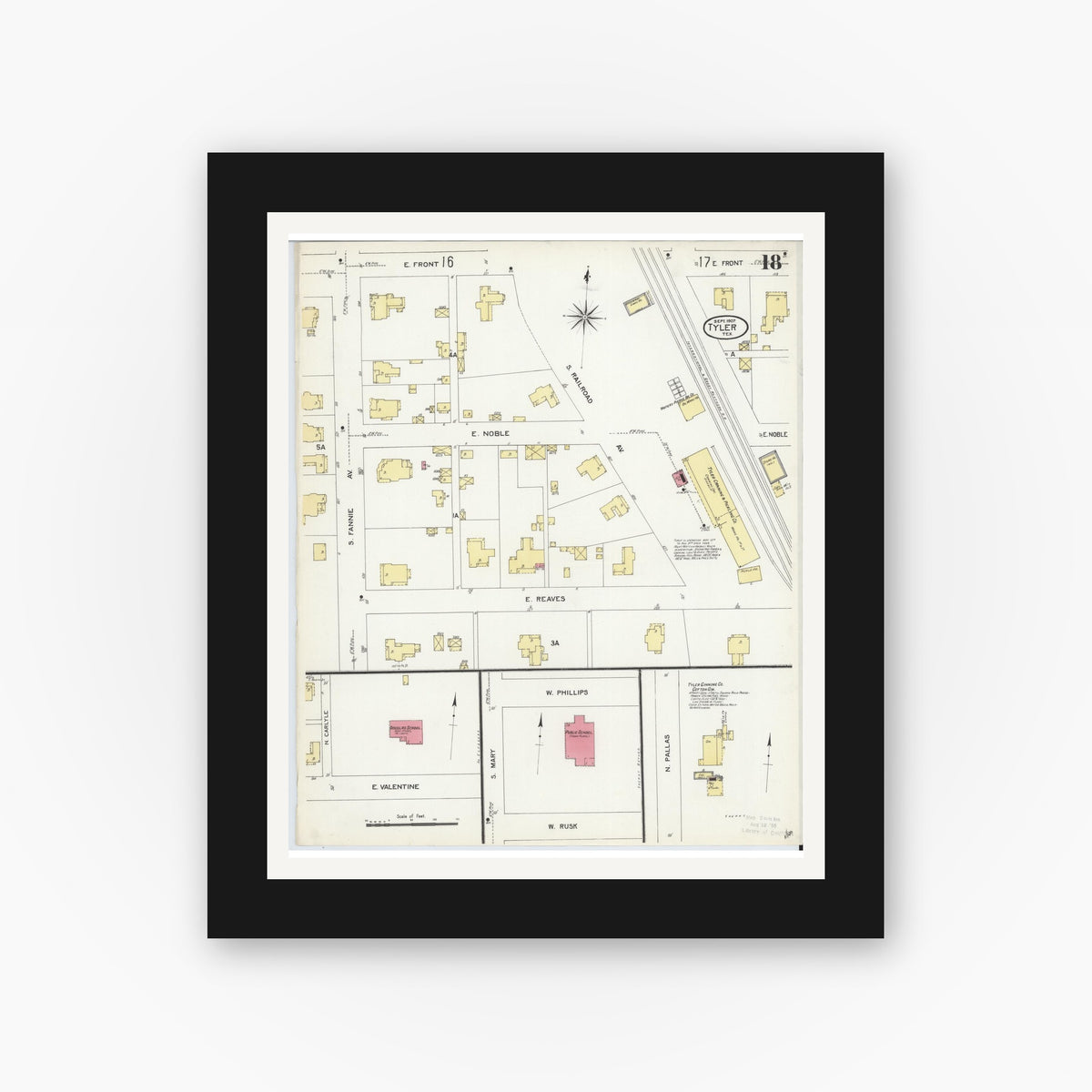 Old map wall art mockup — black gallery frame with white mat — Sanborn Fire Insurance Map from Tyler, Smith County, Texas (1907), Sheet #0018