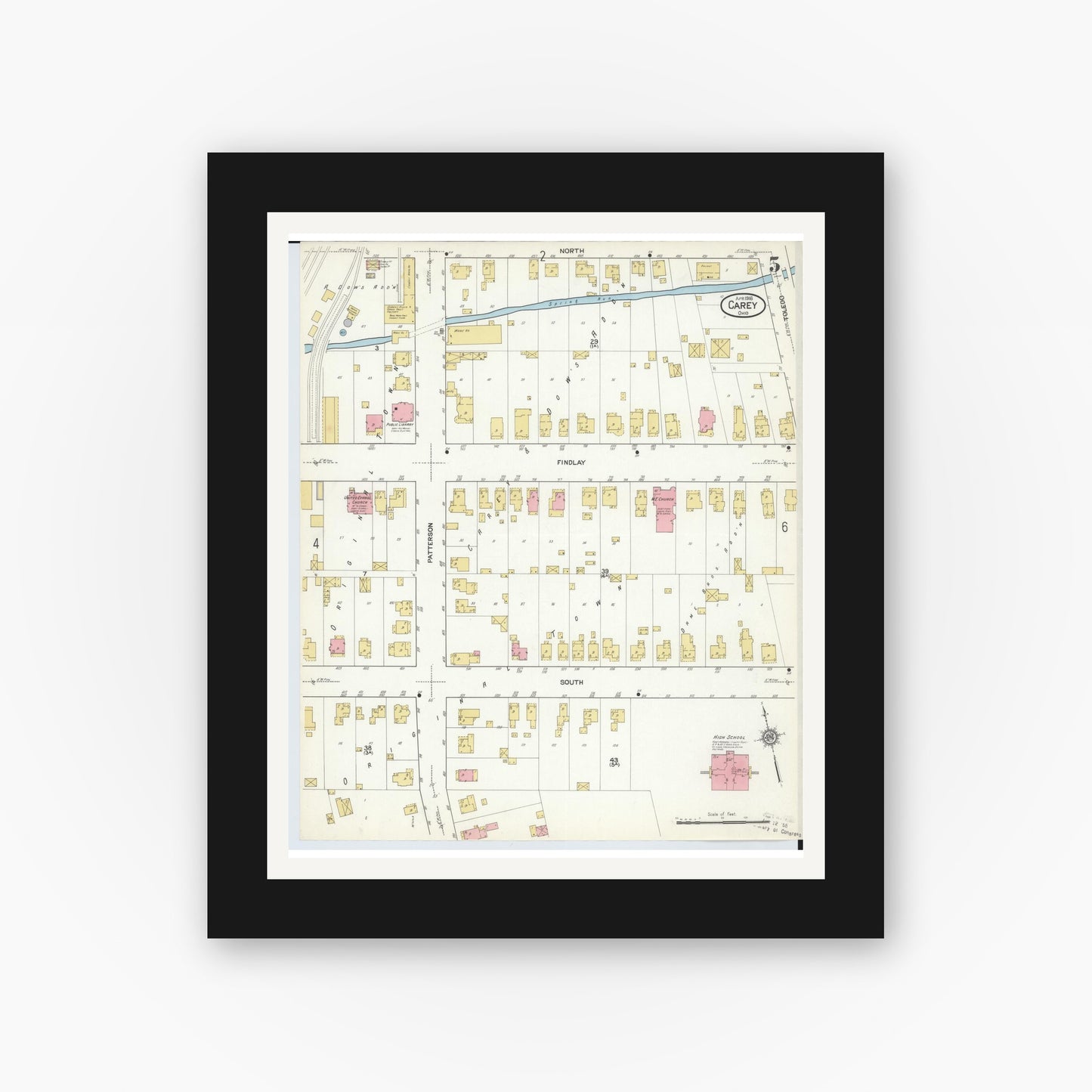 Old map wall art mockup — black gallery frame with white mat — Sanborn Fire Insurance Map from Carey, Wyandot County, Ohio (1916), Sheet #0005