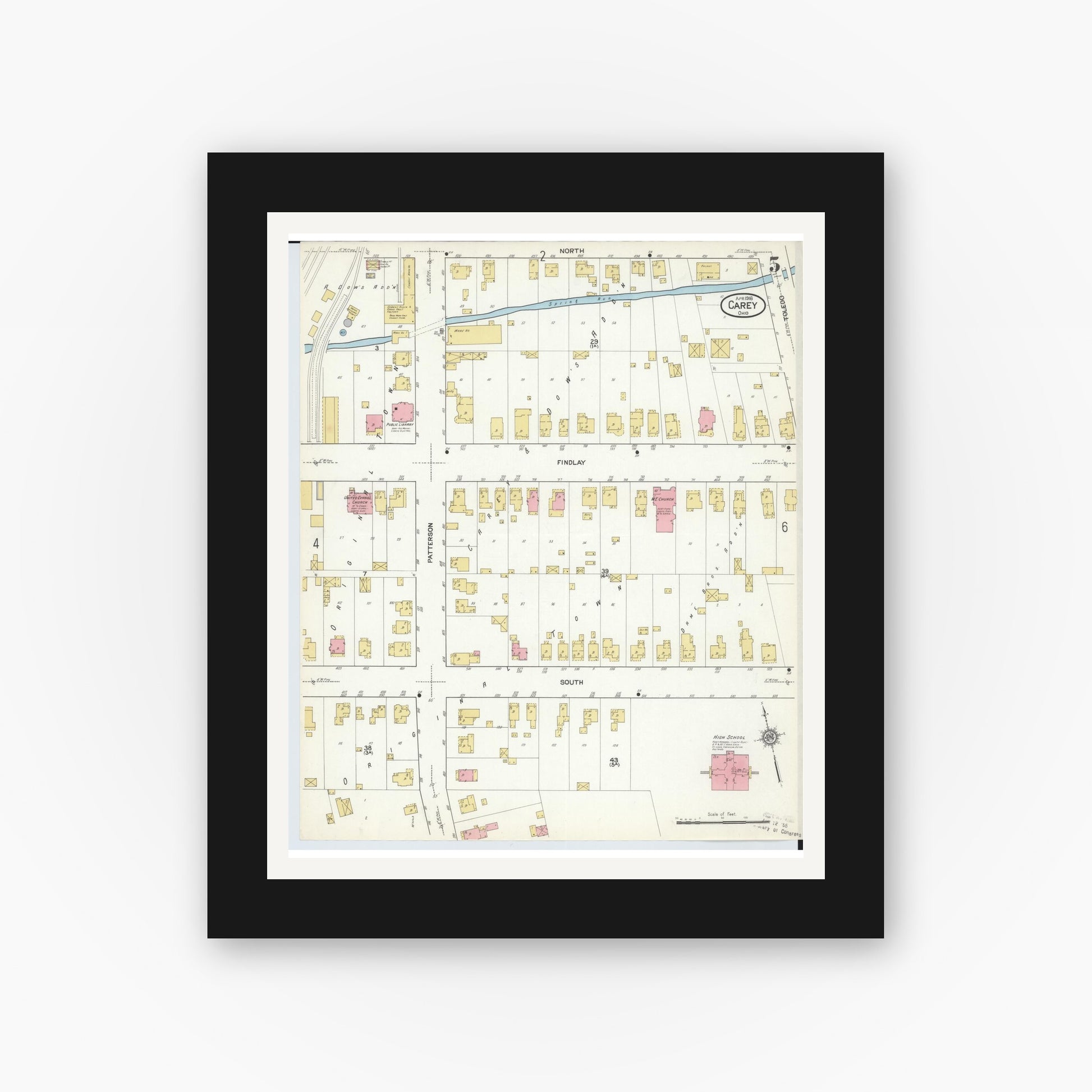 Old map wall art mockup — black gallery frame with white mat — Sanborn Fire Insurance Map from Carey, Wyandot County, Ohio (1916), Sheet #0005