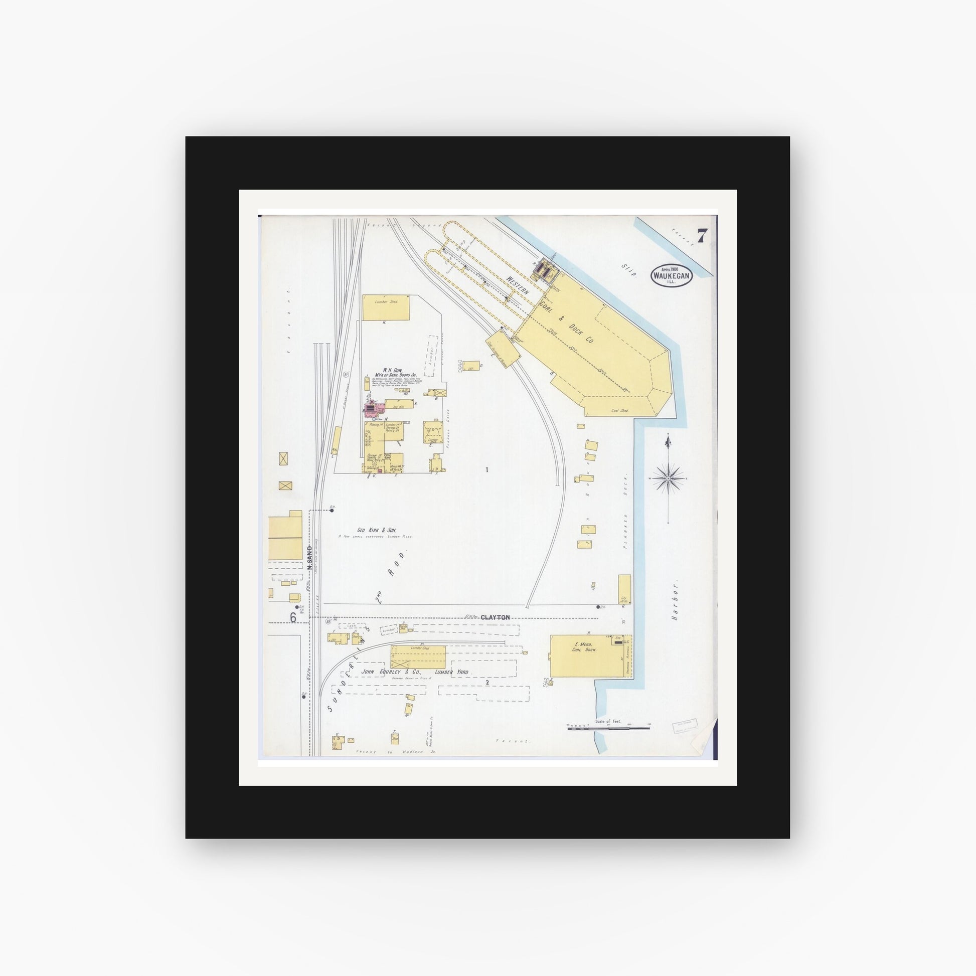 Old map wall art mockup — black gallery frame with white mat — Sanborn Fire Insurance Map from Waukegan, Lake County, Illinois (1900), Sheet #0007