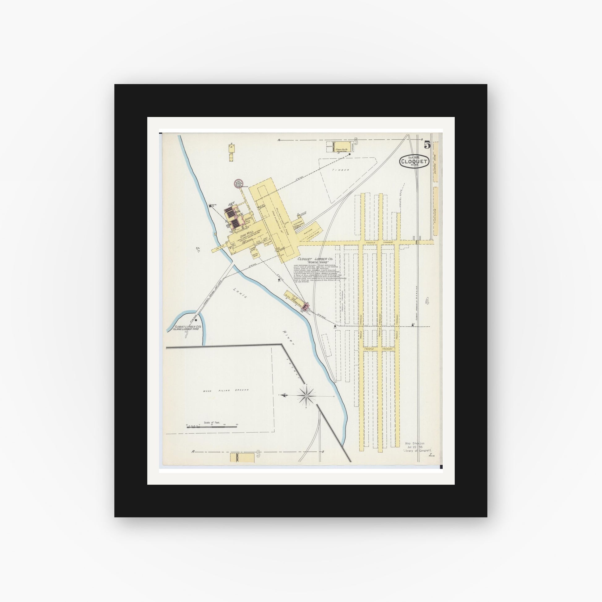 Old map wall art mockup — black gallery frame with white mat — Sanborn Fire Insurance Map from Cloquet, Carlton County, Minnesota (1892), Sheet #0005