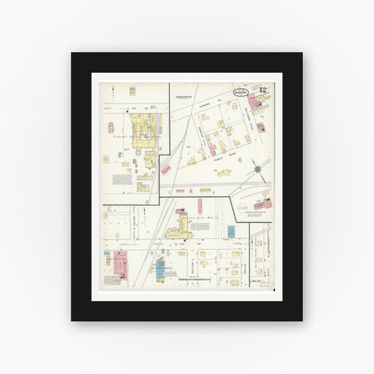 Old map wall art mockup — black gallery frame with white mat — Sanborn Fire Insurance Map from Auburn, De Kalb County, Indiana (1914), Sheet #0012