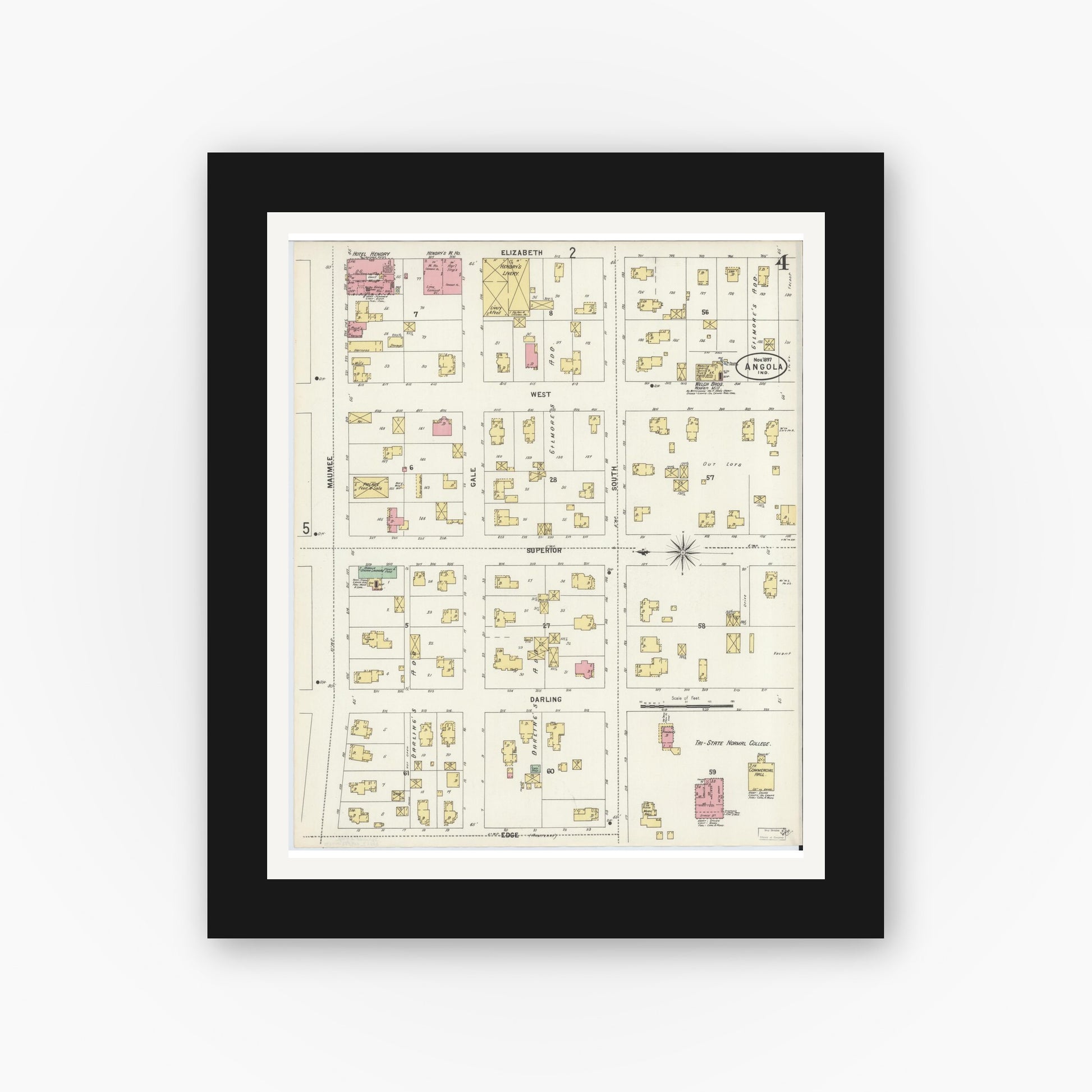 Old map wall art mockup — black gallery frame with white mat — Sanborn Fire Insurance Map from Angola, Steuben County, Indiana (1897), Sheet #0004