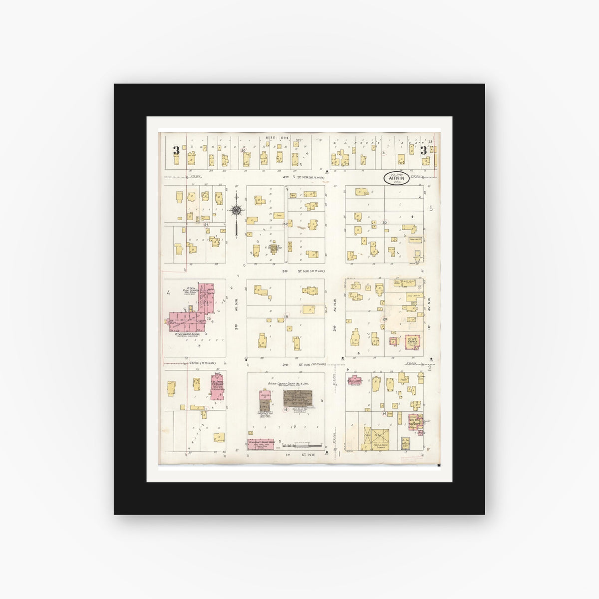 Old map wall art mockup — black gallery frame with white mat — Sanborn Fire Insurance Map from Aitkin, Aitkin County, Minnesota (1936), Sheet #0003