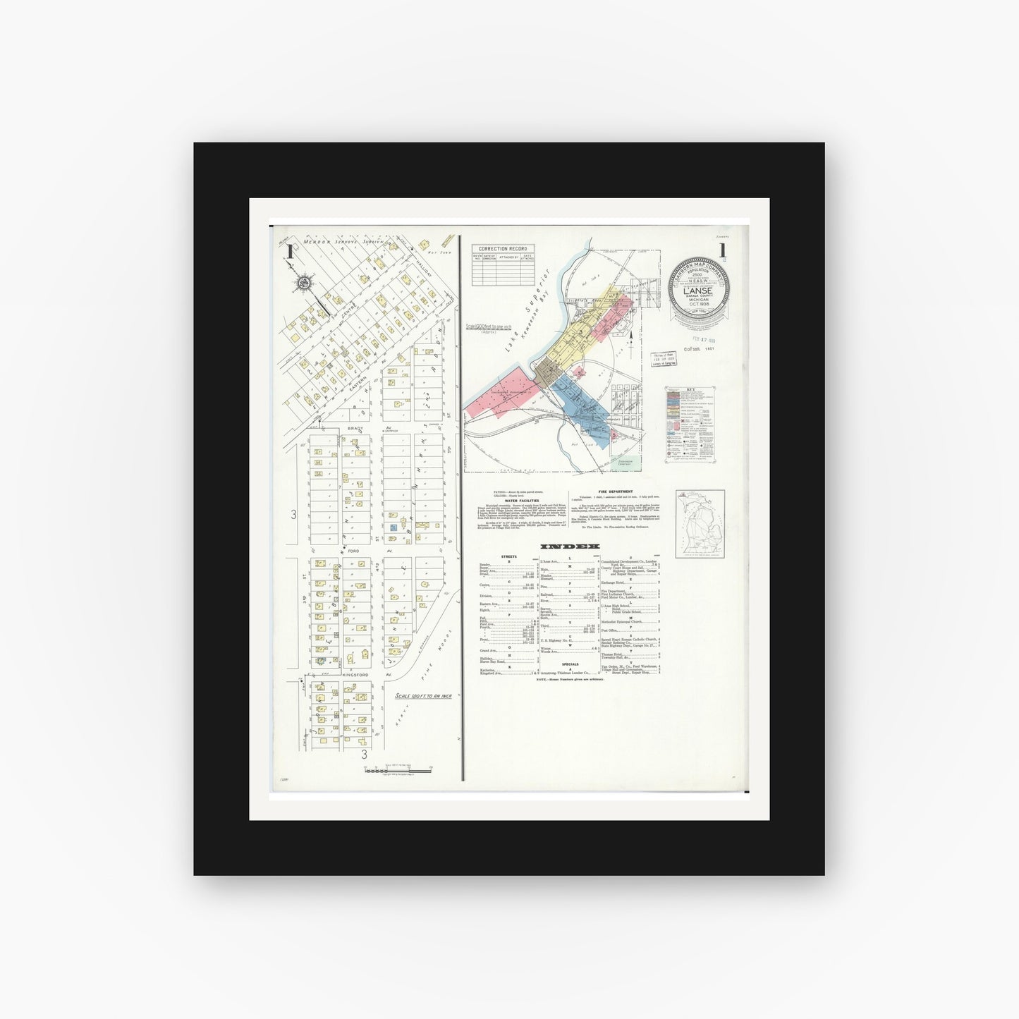 Old map wall art mockup — black gallery frame with white mat — Sanborn Fire Insurance Map from L'Anse, Baraga County, Michigan (1938) - Complete Map Set
