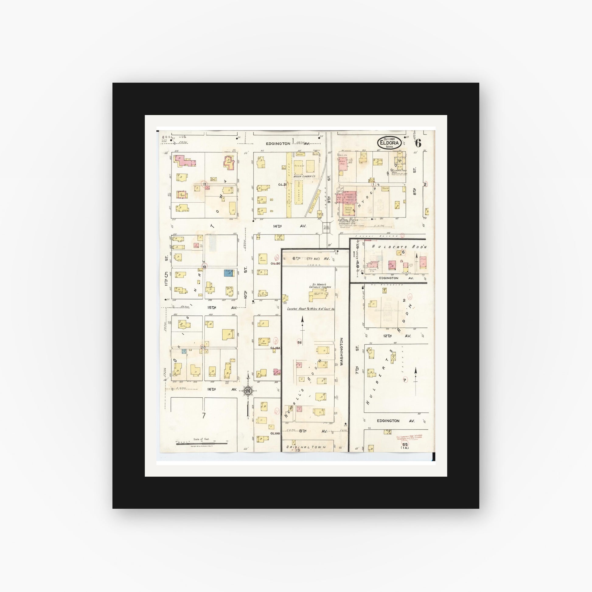 Old map wall art mockup — black gallery frame with white mat — Sanborn Fire Insurance Map from Eldora, Hardin County, Iowa (1940), Sheet #0006
