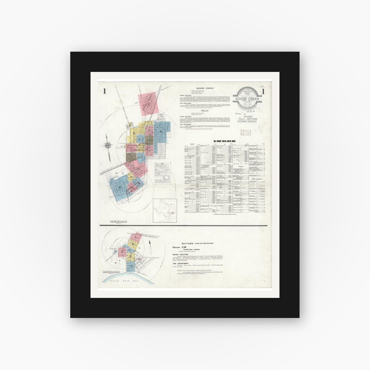 Old map wall art mockup — black gallery frame with white mat — Sanborn Fire Insurance Map from Goose Creek, Harris County, Texas (1931), Sheet #0001