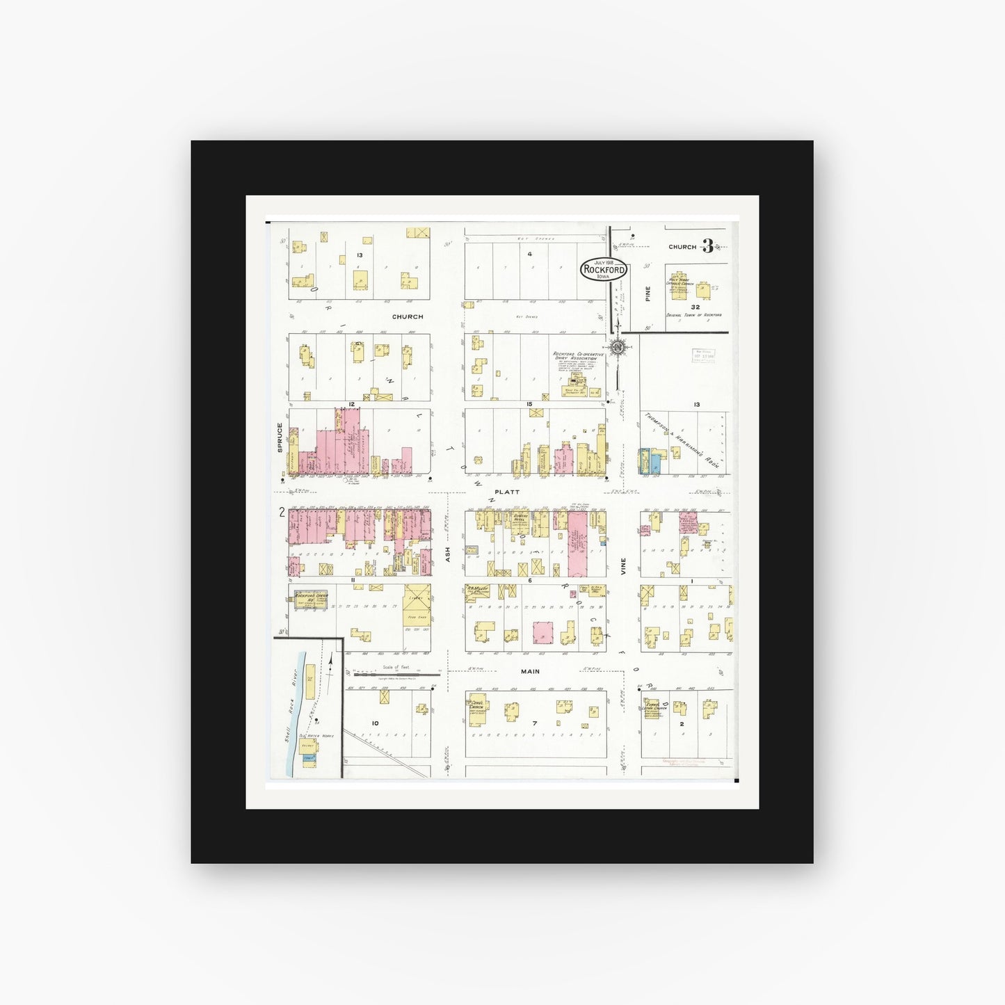 Old map wall art mockup — black gallery frame with white mat — Sanborn Fire Insurance Map from Rockford, Floyd County, Iowa (1918), Sheet #0003