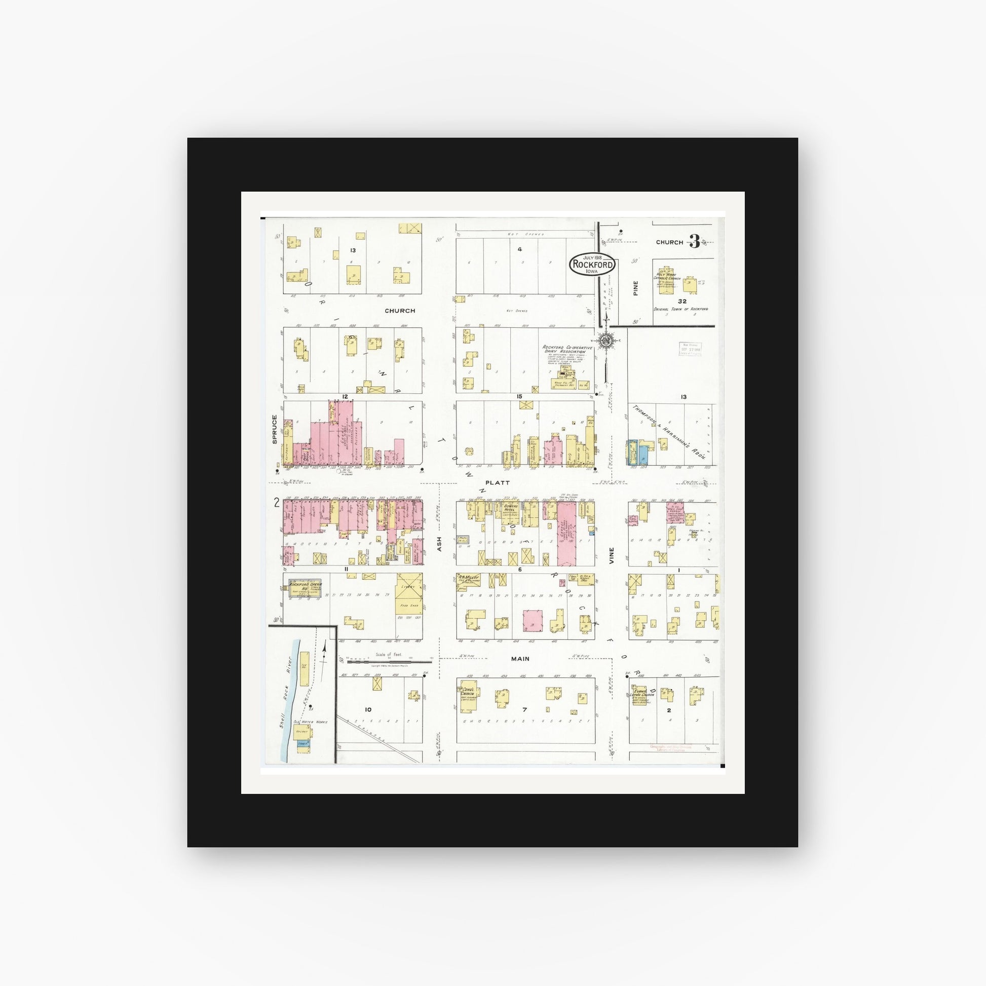 Old map wall art mockup — black gallery frame with white mat — Sanborn Fire Insurance Map from Rockford, Floyd County, Iowa (1918), Sheet #0003