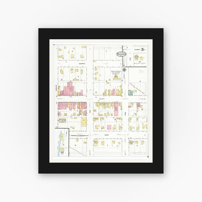 Old map wall art mockup — black gallery frame with white mat — Sanborn Fire Insurance Map from Rockford, Floyd County, Iowa (1918), Sheet #0003
