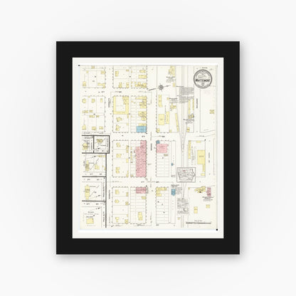 Old map wall art mockup — black gallery frame with white mat — Sanborn Fire Insurance Map from Whittemore, Kossuth County, Iowa (1915), Sheet #0001