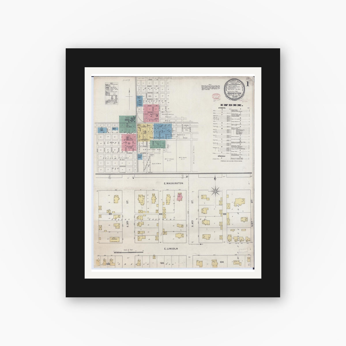 Old map wall art mockup — black gallery frame with white mat — Sanborn Fire Insurance Map from Hoopeston, Vermilion County, Illinois (1895), Sheet #0001