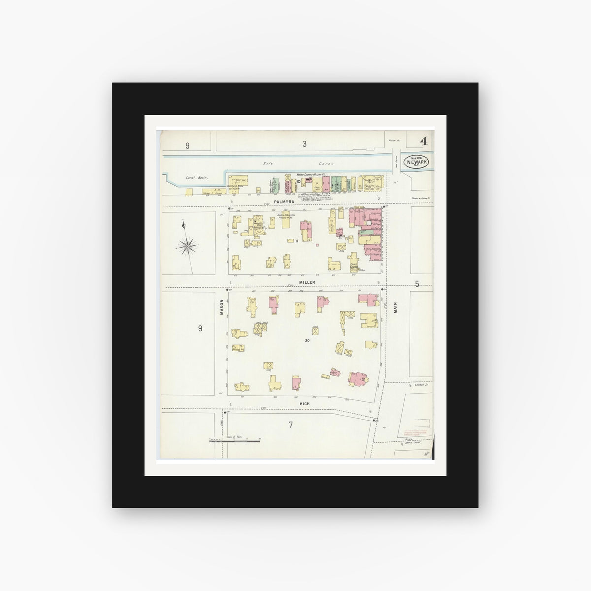Old map wall art mockup — black gallery frame with white mat — Sanborn Fire Insurance Map from Newark, Wayne County, New York (1898), Sheet #0004