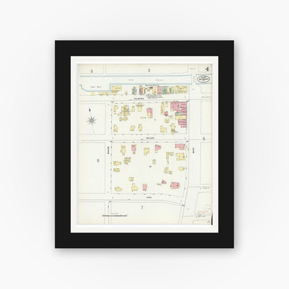 Old map wall art mockup — black gallery frame with white mat — Sanborn Fire Insurance Map from Newark, Wayne County, New York (1898), Sheet #0004