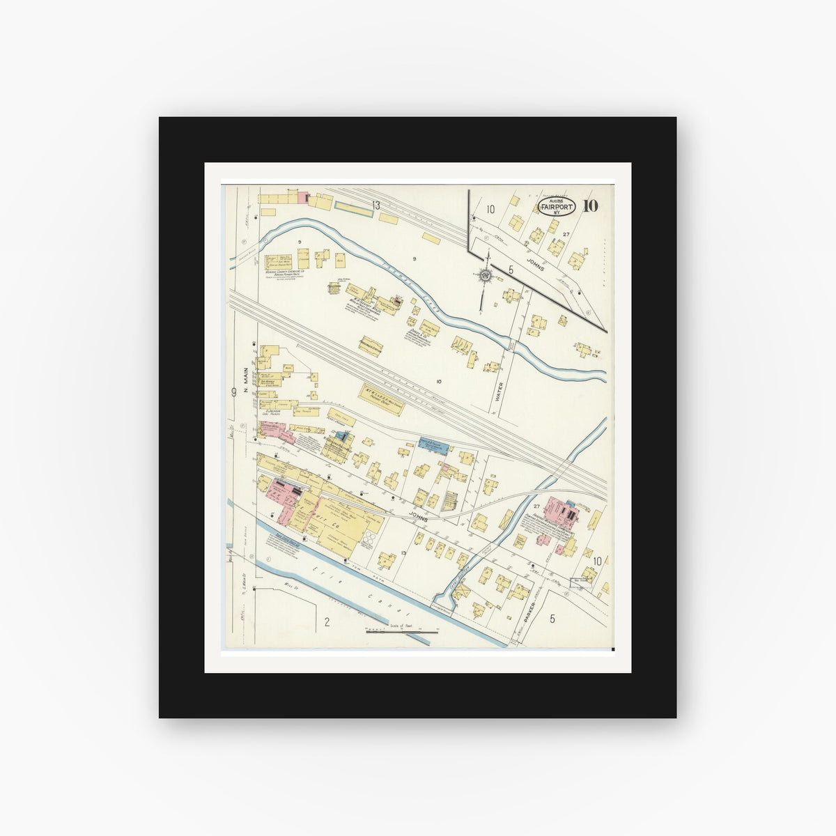 Old map wall art mockup — black gallery frame with white mat — Sanborn Fire Insurance Map from Fairport, Monroe County, New York (1915), Sheet #0010