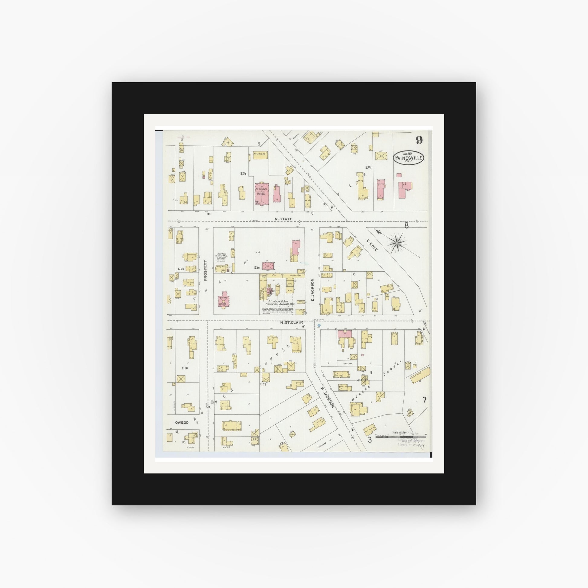 Old map wall art mockup — black gallery frame with white mat — Sanborn Fire Insurance Map from Painesville, Lake County, Ohio (1904), Sheet #0009