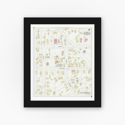 Old map wall art mockup — black gallery frame with white mat — Sanborn Fire Insurance Map from Painesville, Lake County, Ohio (1904), Sheet #0009