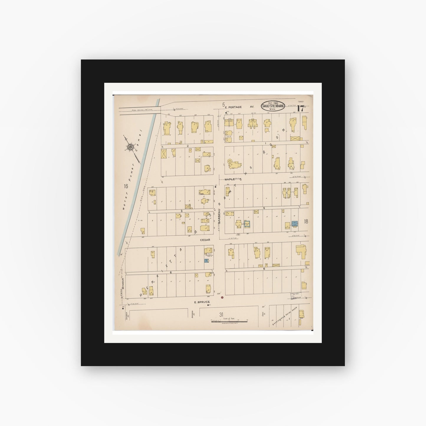 Old map wall art mockup — black gallery frame with white mat — Sanborn Fire Insurance Map from Sault Sainte Marie, Chippewa County, Michigan (1922), Sheet #0017