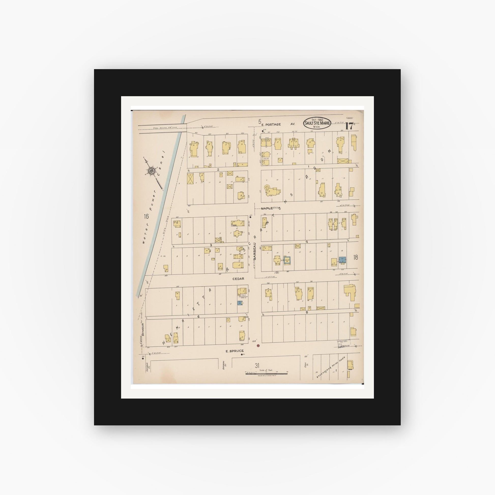 Old map wall art mockup — black gallery frame with white mat — Sanborn Fire Insurance Map from Sault Sainte Marie, Chippewa County, Michigan (1922), Sheet #0017