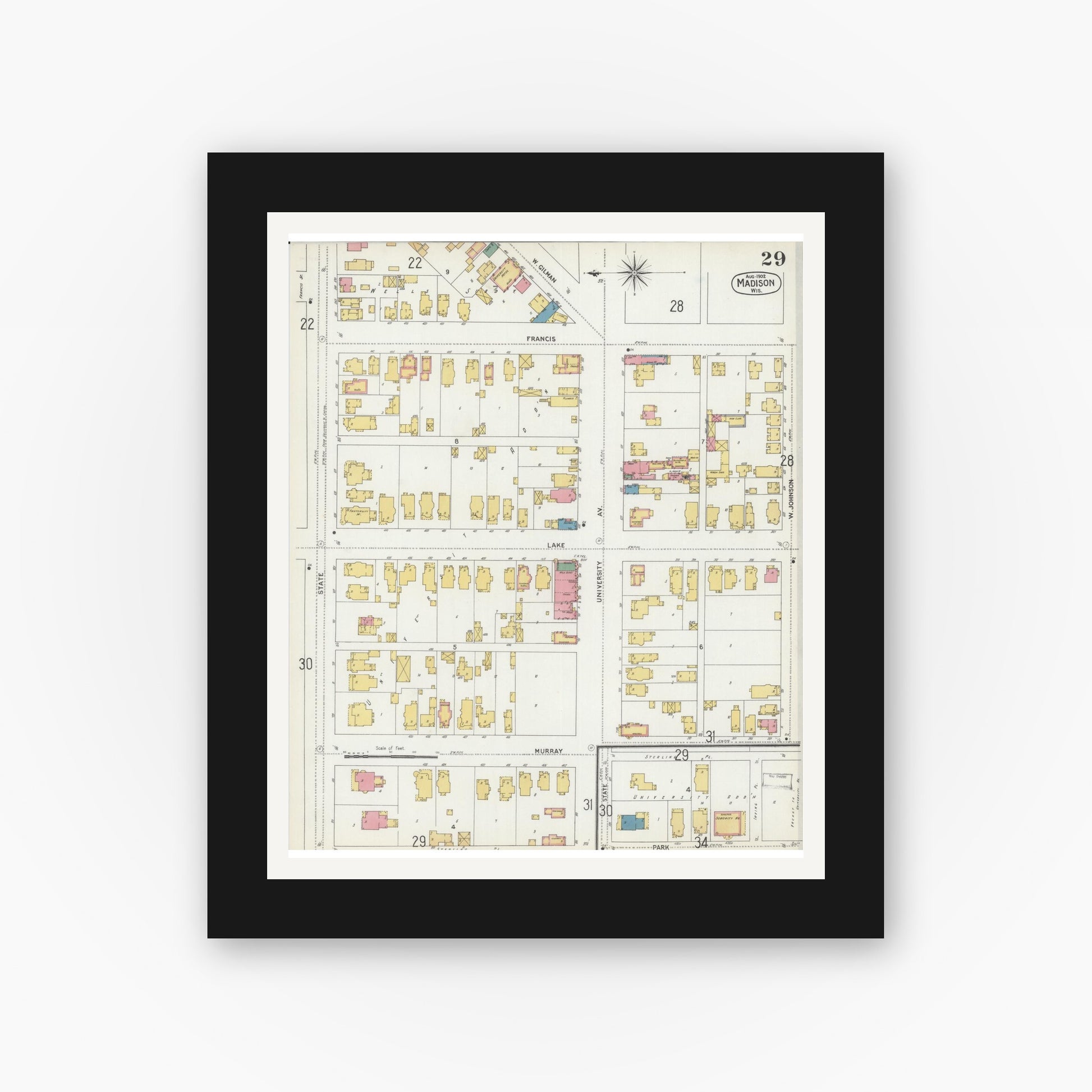 Old map wall art mockup — black gallery frame with white mat — Sanborn Fire Insurance Map from Madison, Dane County, Wisconsin (1902), Sheet #0029