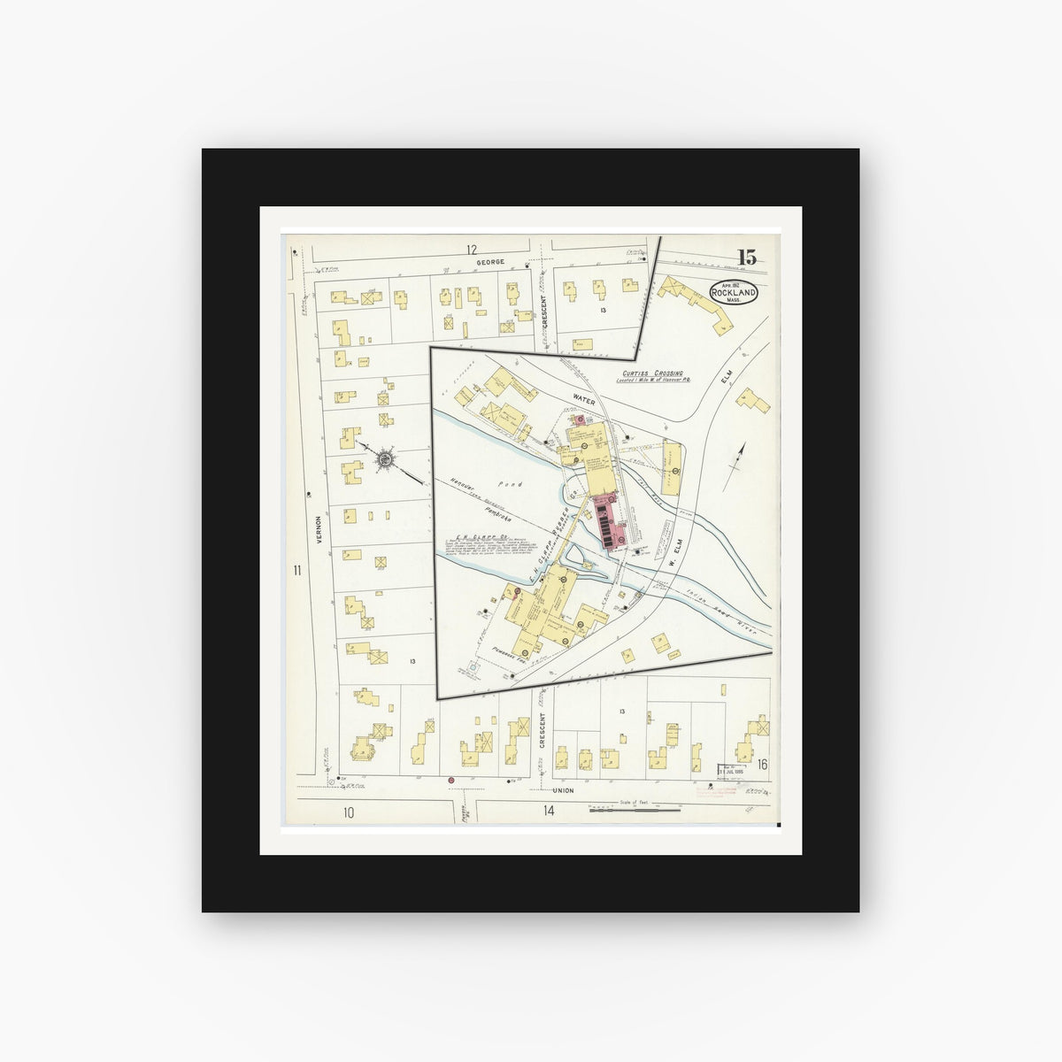 Old map wall art mockup — black gallery frame with white mat — Sanborn Fire Insurance Map from Rockland, Plymouth County, Massachusetts (1912), Sheet #0015
